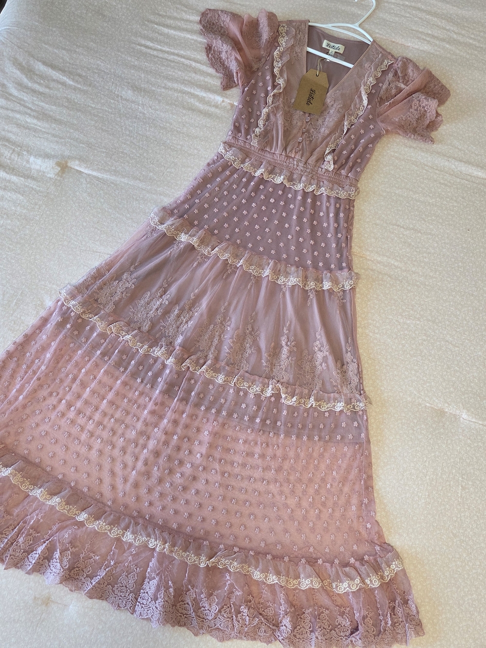 NWT Listicle Dusty Rose Lace Mesh Tiered Maxi Dress Sz S 🌸 Romantic Boho-Chic